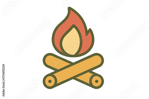Stylized graphic of a cozy outdoor campfire with burning wooden logs and warm orange flames