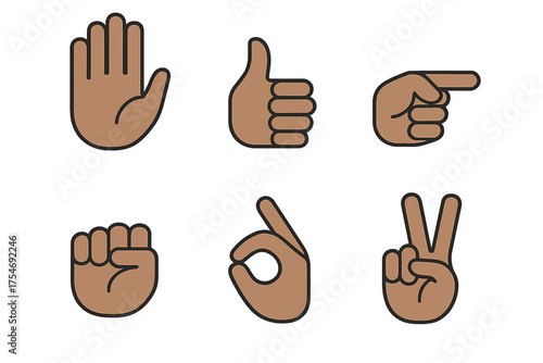 Set of six diverse human hand gestures showing universal communication signs and symbols