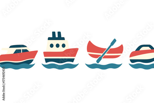 Set of water transportation vessels including speedboats, motorboat, ship, and canoe on blue waves