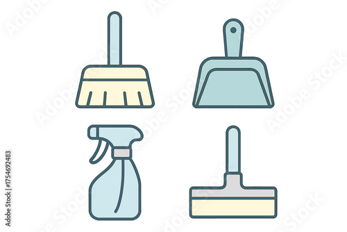 Set of essential household cleaning tools including broom, dustpan, spray bottle, and squeegee icons