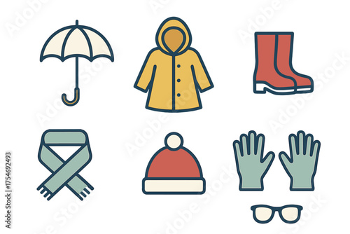 Colorful clothing and accessories set for cold and rainy weather protection