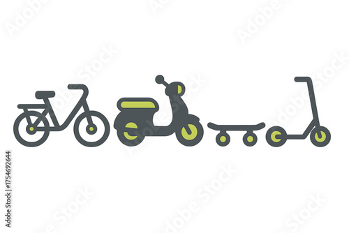 Personal urban mobility vehicles set: bicycle, motor scooter, skateboard, and kick scooter icons