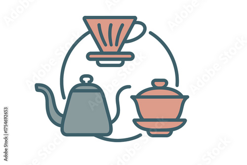 Modern and traditional hot beverage preparation tools arranged in a circular flow including kettle filter and teaware