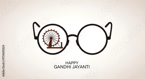 Round Glasses Reflecting Charkha Spinning Wheel Happy Gandhi Jayanti image