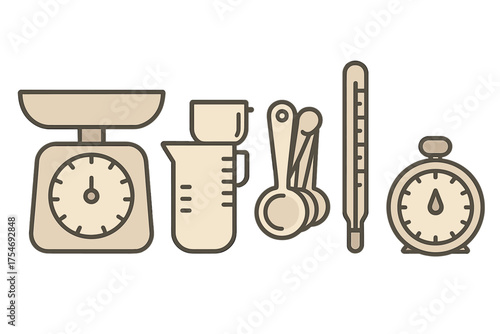 Kitchen scale measuring cup spoons thermometer and timer set for cooking and baking preparation