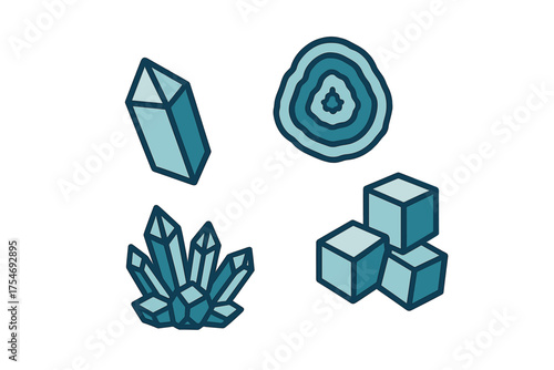 Stylized natural crystals, precious gems, and geological mineral formations