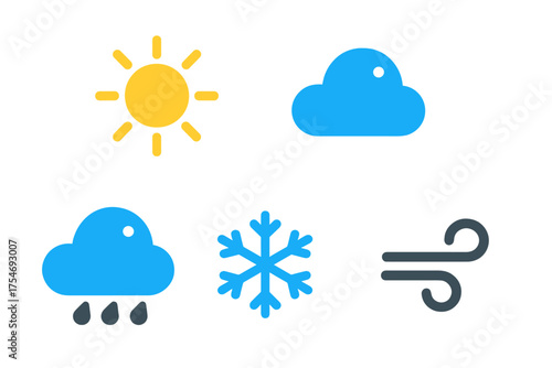 Basic weather forecast symbols set featuring sun, cloud, rain, snow, and wind icons