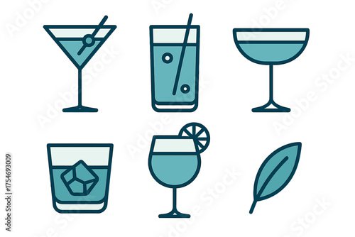 Stylized collection of cocktail glasses and drink icons including martini, highball, and old fashioned styles