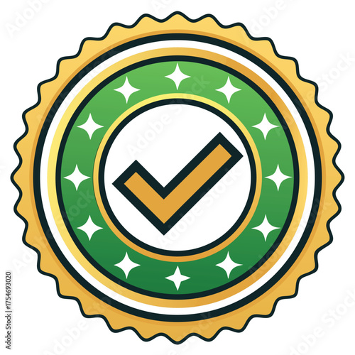 A green and gold badge with a prominent checkmark symbol inside.