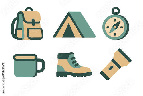 Outdoor adventure and camping equipment set with backpack, tent, compass, and hiking boot