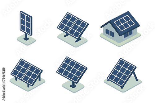 Isometric solar energy installation set featuring photovoltaic panels, ground mounts, and residential rooftop system