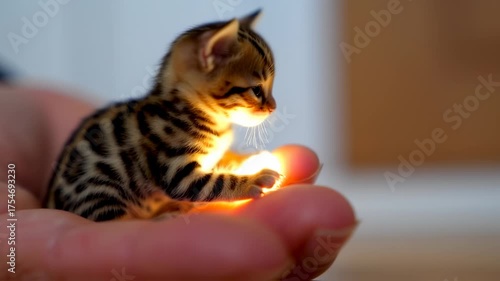 Tiny Bengal kitten, glowing in a hand