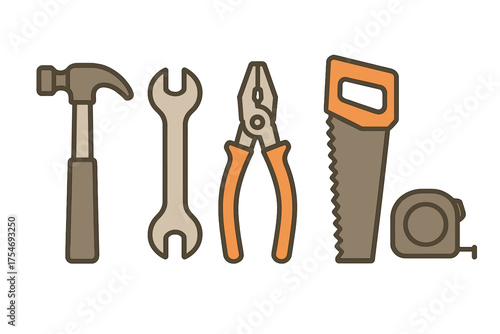 Set of essential construction and repair hand tools including hammer, wrench, and saw