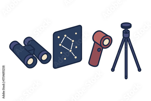Set of stargazing equipment including binoculars constellation map flashlight and tripod
