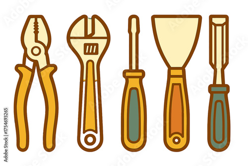 Set of essential construction and repair hand tools including pliers wrench screwdriver and chisel