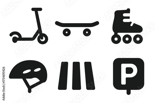 Urban mobility and safety symbols featuring scooter skateboard roller skates helmet and parking sign