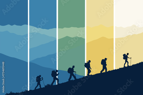 Silhouettes of hikers ascending a mountain range with distinct color segments.