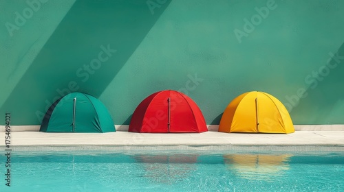 Colorful Beach Tents by a Swimming Pool with Green Wall and Sunlight Shadows