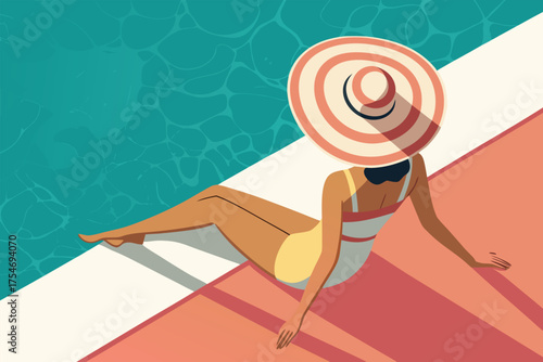 Woman in a sun hat relaxes by a pool on a warm day.