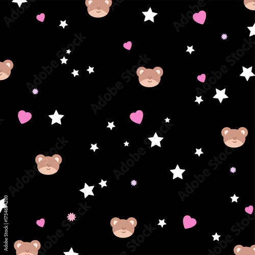 Cute pattern of teddy bear, stars, hearts on black background for animal print, wallpaper, backdrop, gift wrap, packaging, souvenir shop, summer fabric, pet clothes, paper design, card print, duvet