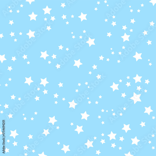 Cute pattern of stars on pastel blue background for skies and clouds, print, wallpaper, backdrop, gift wrap, packaging, souvenir shop, summer fabric, pet clothes, paper design, card print, pyjamas