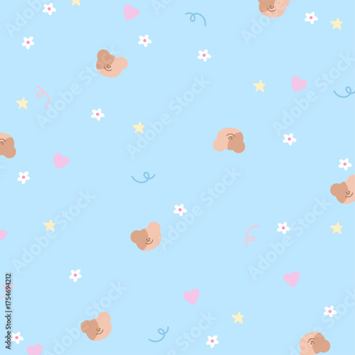 Cute pattern of teddy bear, flowers, hearts on pastel blue background for animal print, wallpaper, backdrop, gift wrap, packaging, souvenir shop, summer fabric, pet clothes, paper design, card print