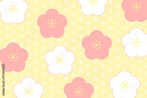 和風の梅の花と麻の葉柄の背景イラスト　赤　黄色