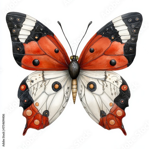 Colorful Butterfly with Black White and Orange Wings on a White Background
