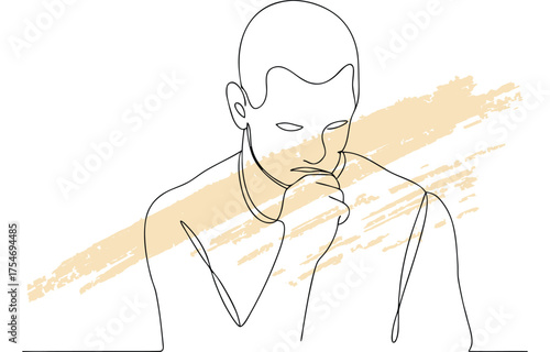 Minimalist single line drawing a pensive man with hand chin male person