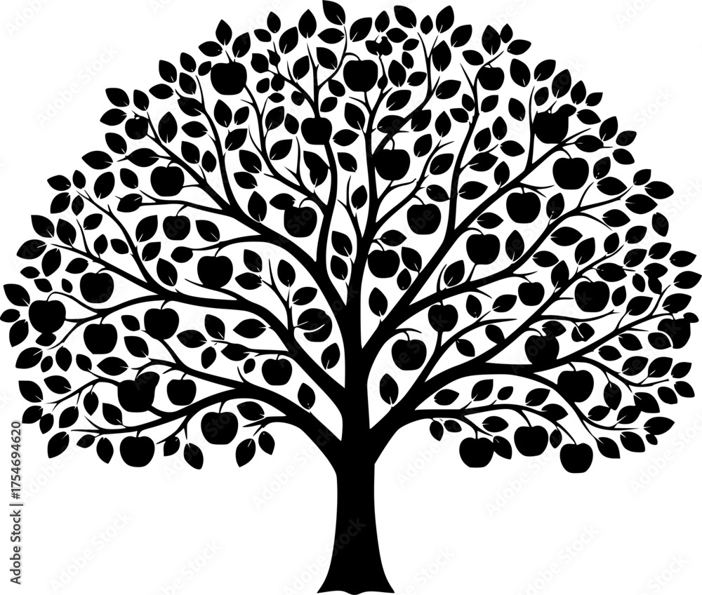 Obraz premium Apple tree silhouette. This image shows a black silhouette of an apple tree with multiple apples, branches, and detailed foliage. Vector clipart illustration design