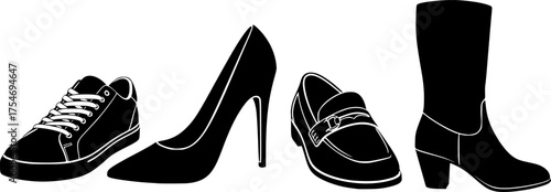 Silhouette shoes. This image shows four black silhouettes of different shoe types: sneaker, high-heel, loafer, and boot, symbolizing versatile footwear designs. Vector clipart illustration design