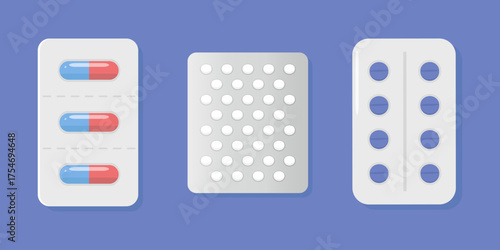 A set of packages with different medical tablets and capsules in a blister. An illustration with a set of pharmacy products, medicines, and vitamins. Design for pharmacies and pharmaceutical products