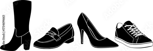 Silhouette shoes. This image shows four black silhouettes of different shoe types: sneaker, high-heel, loafer, and boot, symbolizing versatile footwear designs. Vector clipart illustration design
