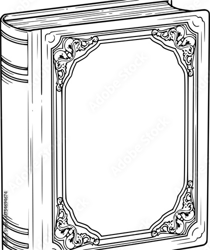 Book cover drawing. It is a black and white outline image of a closed book with a decorative framed cover, depicting a classic novel or textbook. Vector sketch line art draw

