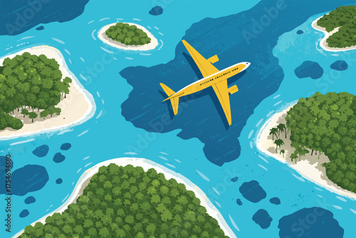 Aerial view of a yellow airplane flying over tropical islands.