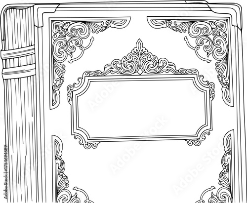 Book cover drawing. It is a black and white outline image of a closed book with a decorative framed cover, depicting a classic novel or textbook. Vector sketch line art draw
