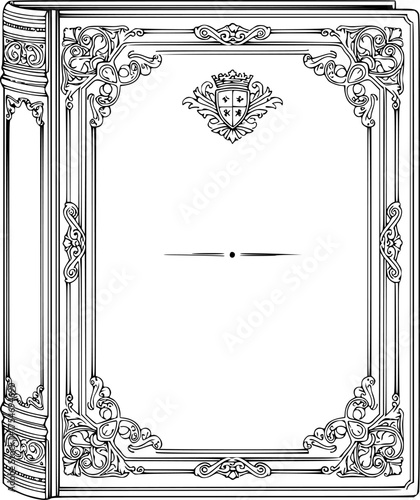 Book cover drawing. It is a black and white outline image of a closed book with a decorative framed cover, depicting a classic novel or textbook. Vector sketch line art draw
