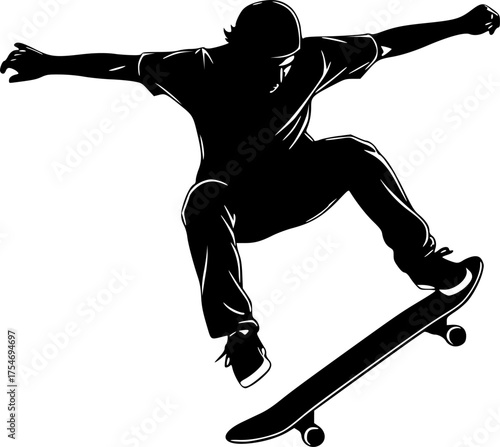Skateboarder silhouette. This image shows a black silhouette of a skateboarder performing a trick, showcasing balance, agility, and dynamic motion. Vector clipart illustration design
