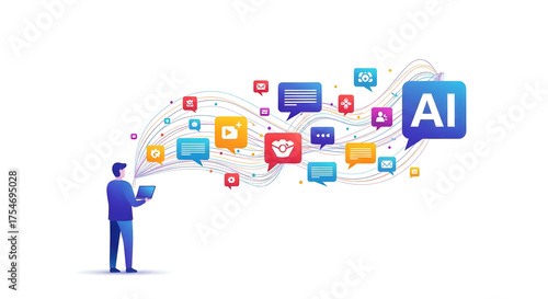 AI powering connection and communication, visualizing the future of technology with vibrant messaging icons and a human figure in a digital network on isolated white background.