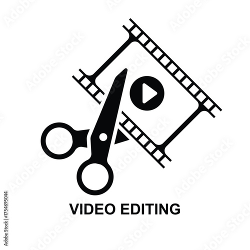Video editing icon. Adjustment or cropping of video frames. film tape symbol with scissors isolated on background vector illustration.