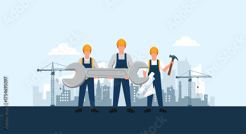 Construction workers holding a giant wrench in front of a city skyline.