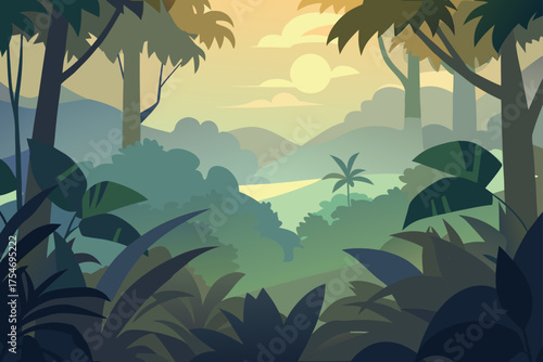 Misty jungle canopy sunrise vector illustration scalable