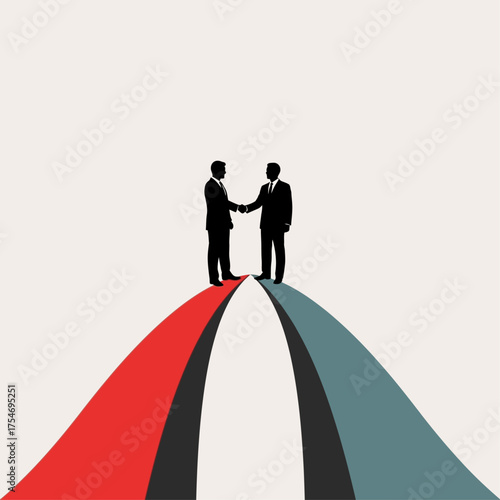 Business partnership and agreement concept with two businessmen shaking hands on converging paths symbolizing a merger