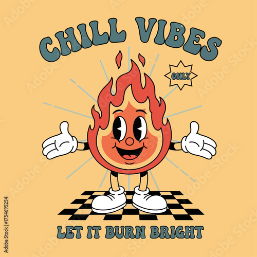 A whimsical retro cartoon illustration of a friendly fire mascot with a smiling face, radiating positive energy on a checkered floor
