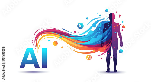 AI powering connection and communication, visualizing the future of technology with vibrant messaging icons and a human figure in a digital network on isolated white background.