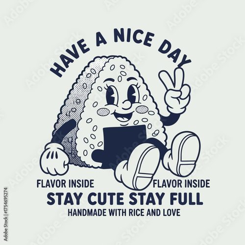 An adorable retro cartoon mascot of a Japanese onigiri rice ball, smiling and giving a peace sign. A cute and friendly food character illustration