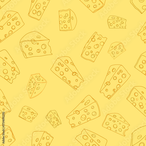 A seamless repeating pattern of hand-drawn cheese wedges and slices. A simple doodle-style food background illustration on a yellow backdrop for culinary designs