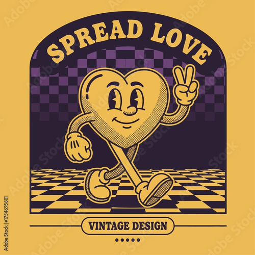 A cheerful walking heart character in a vintage cartoon style gives a peace sign gesture on a purple checkered floor