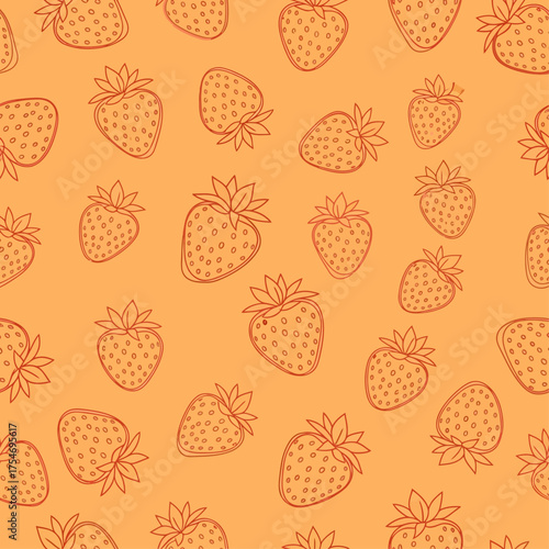 Hand-drawn strawberry seamless pattern with outline sketches of fresh summer berries on a warm orange background, a cute and simple fruity illustration