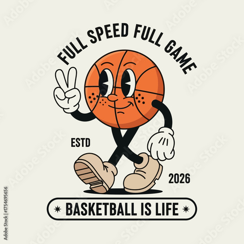 Playful vintage basketball mascot illustration. A funny cartoon character with a peace sign for a classic sports design concept